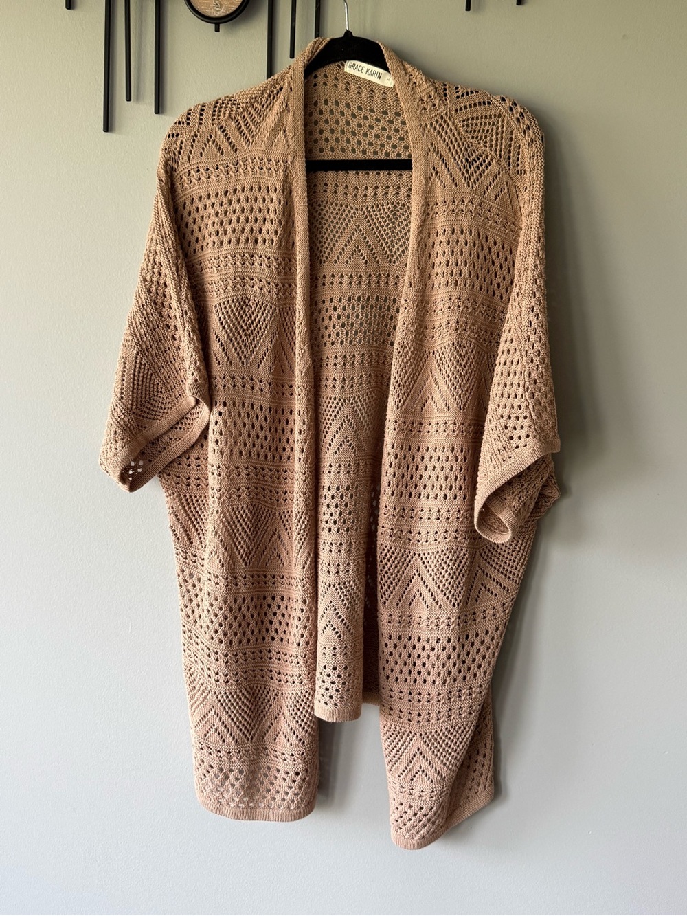 Grace Karin Crochet Open-Front Kimono Cardigan - Tan